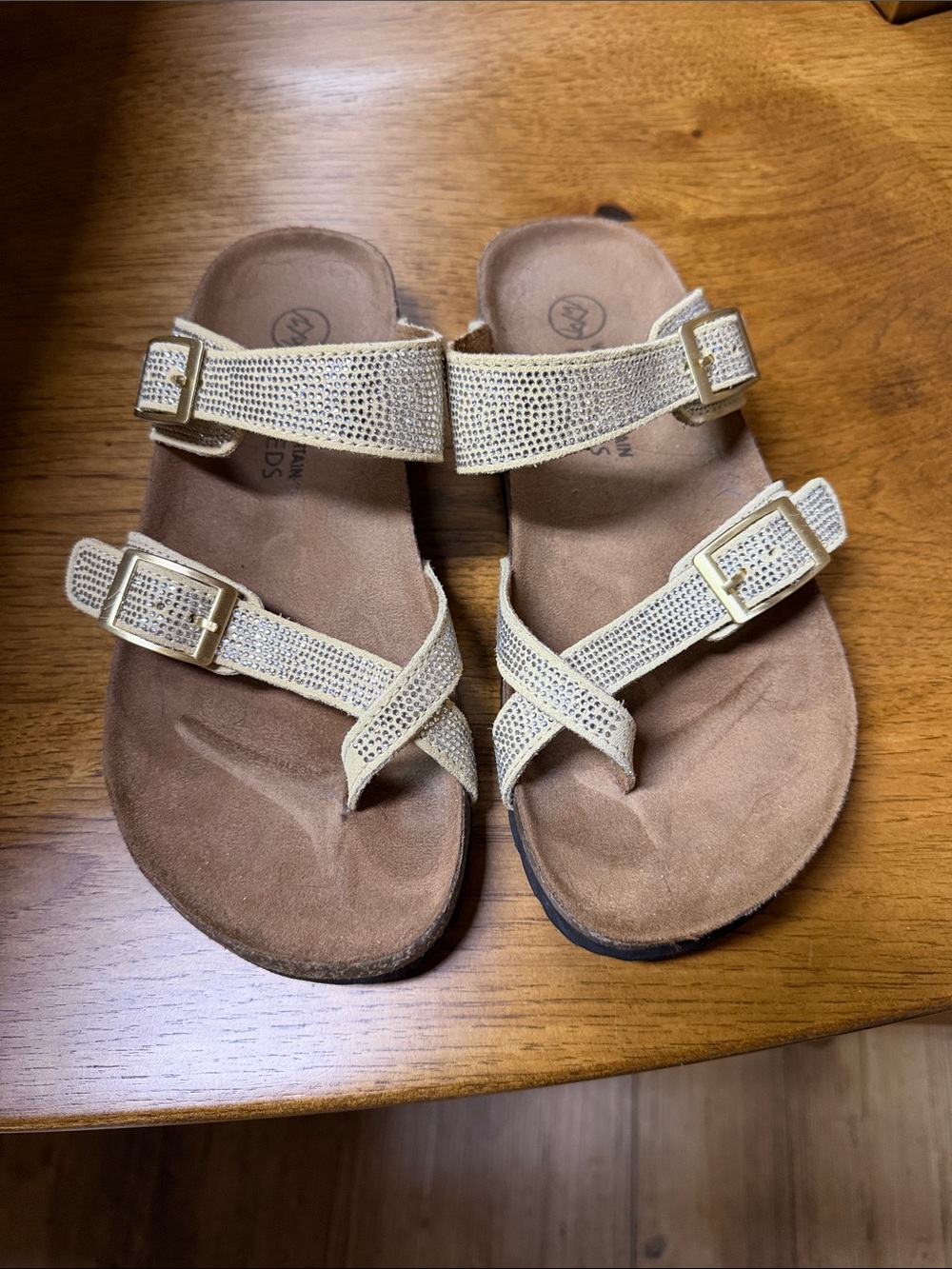 White Mountain Gold-Tone Beaded Dual-Strap Sandals